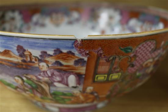 A Chinese famille rose mandarin pattern punch bowl, Qianlong period, diameter 32.5cm, chipped and cracked